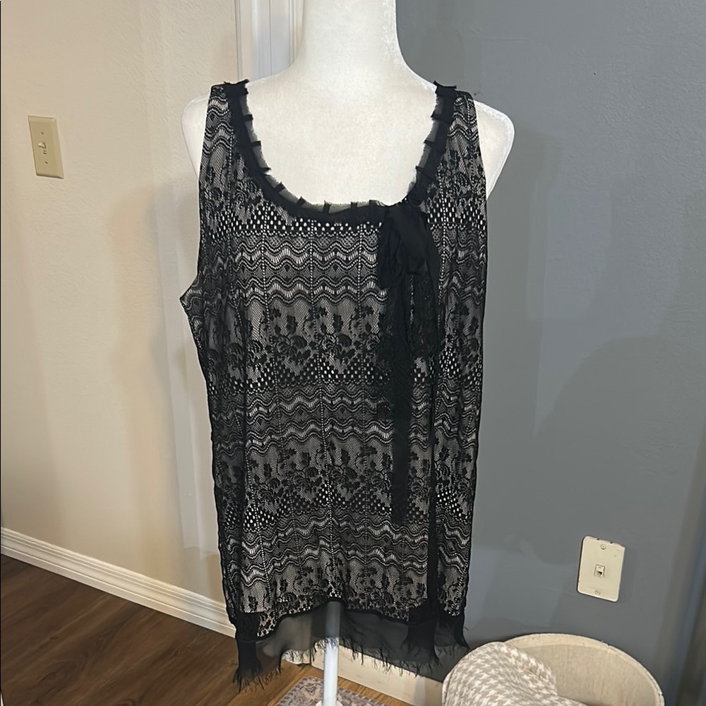 CAbi Black Lace Blouse with Scalloped Neckline